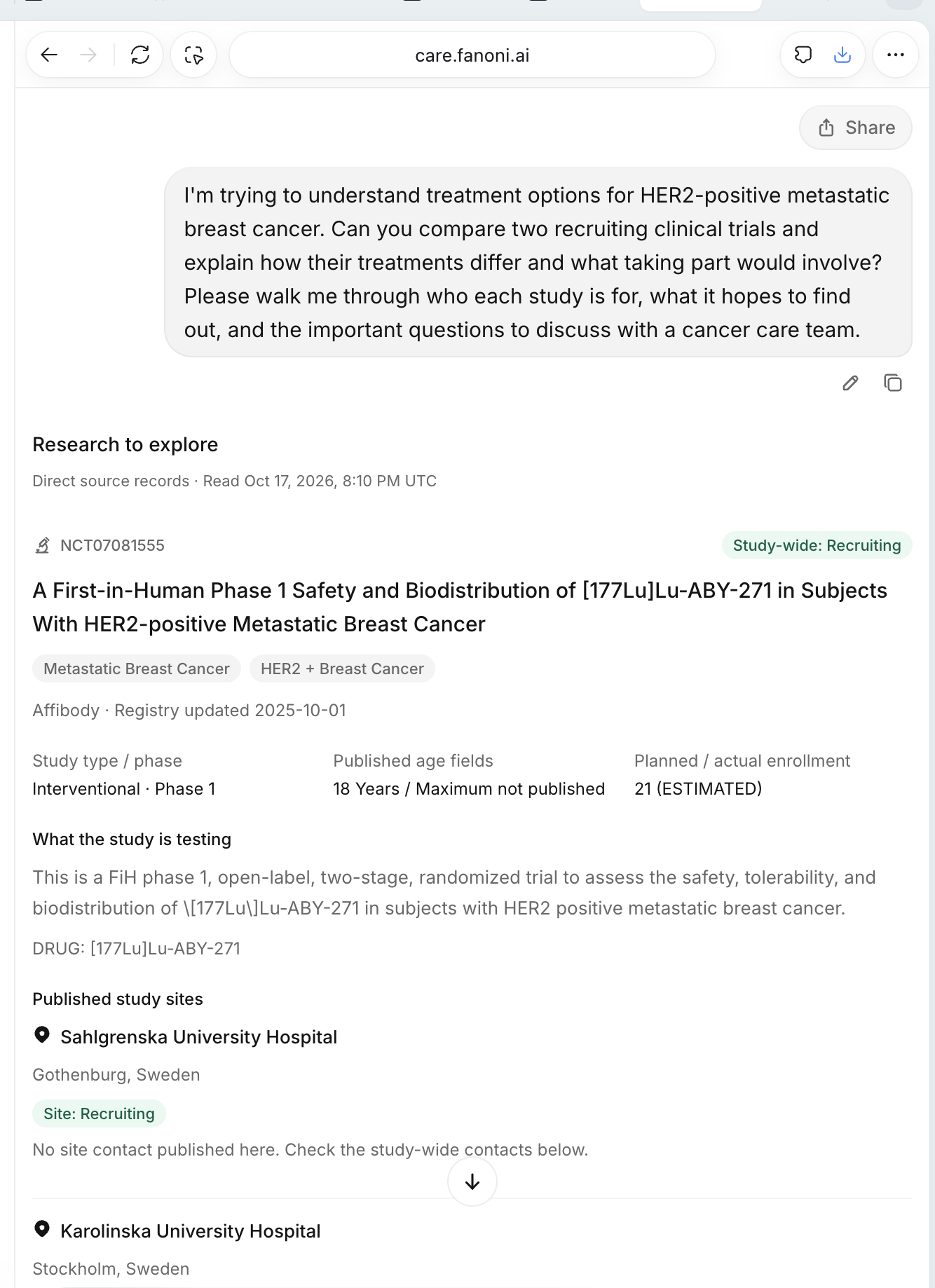 Fanoni Care Chat screenshot showing a research question about comparing clinical trials and a public study record with source details