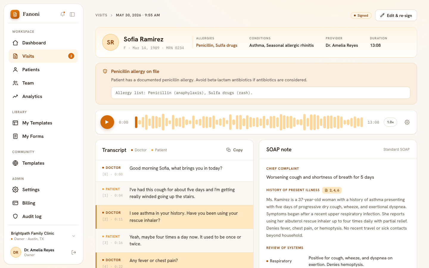 Fanoni Scribe visit review screen showing a sample transcript beside a SOAP note with source-line citations